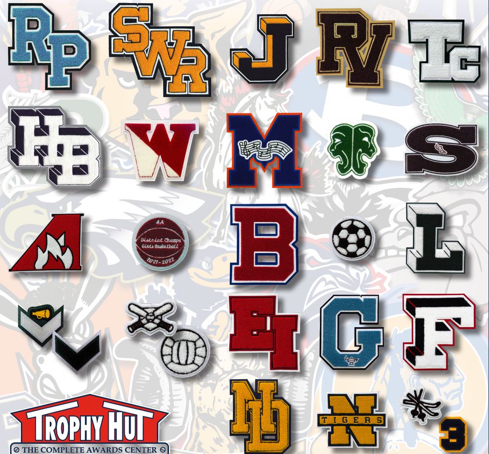 Examples of Trophy Hut chenille letters, monograms, balls and patches